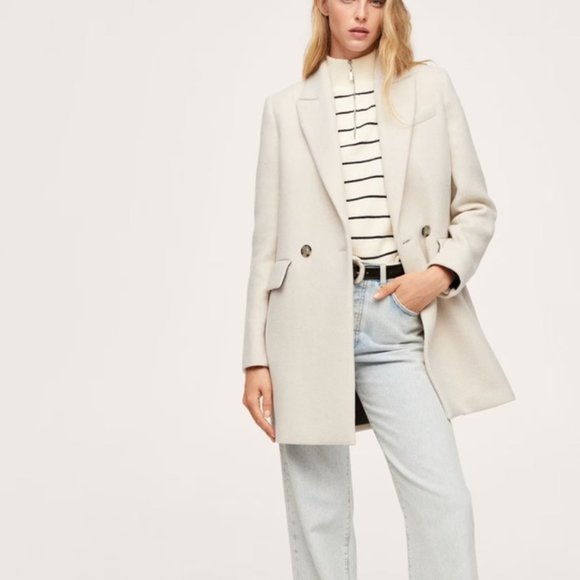 Mango Jackets & Blazers - Mango Wool Blend Pea Coat Dali Cream Small